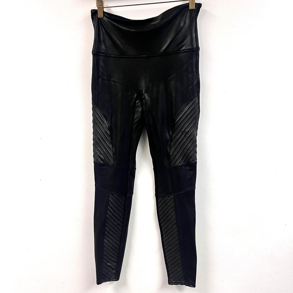 Women's SPANX Black Faux Leather High-Waist Moto Leggings wet look LG